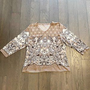 Alia Knit V-Neck Top Beige Ivory Floral Casual Large